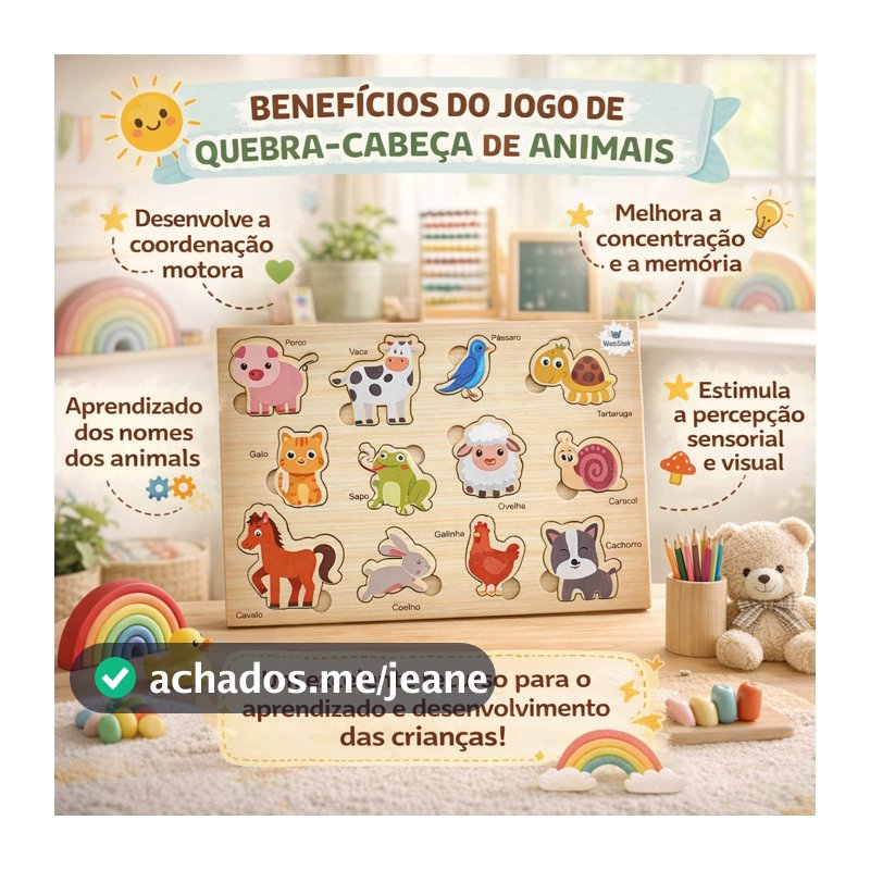 Brinquedo Educativo Quebra Cabeça Encaixe Didático Animais 12pçs Autismo