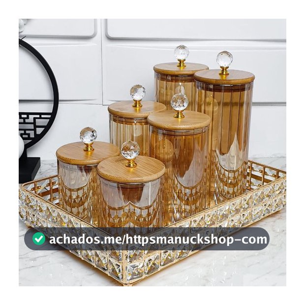 Conjunto Potes de Vidro com Tampa Bambu Cristal Porta Mantimentos Cozinha 3 Peças