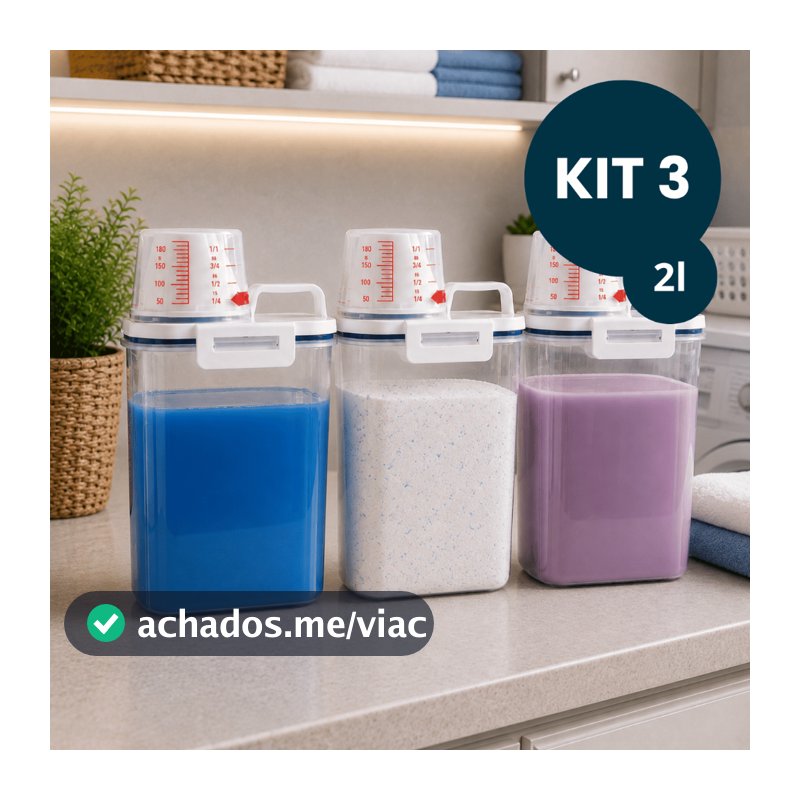 Kit 3 Potes Herméticos 2L Para Lavanderia Com Vedação e Copo Medidor P/ Sabão em Pó Amaciante.