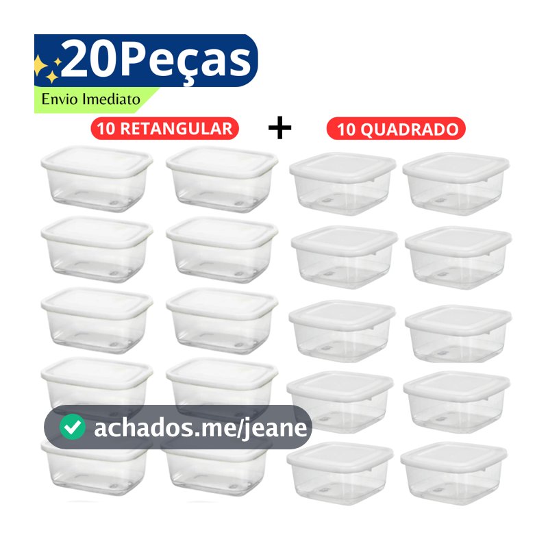 Jogo 20 Pote Plástico 270ml Com Tampa BPA free, Conjunto Pote Mini Quadrado Retangular Fitness