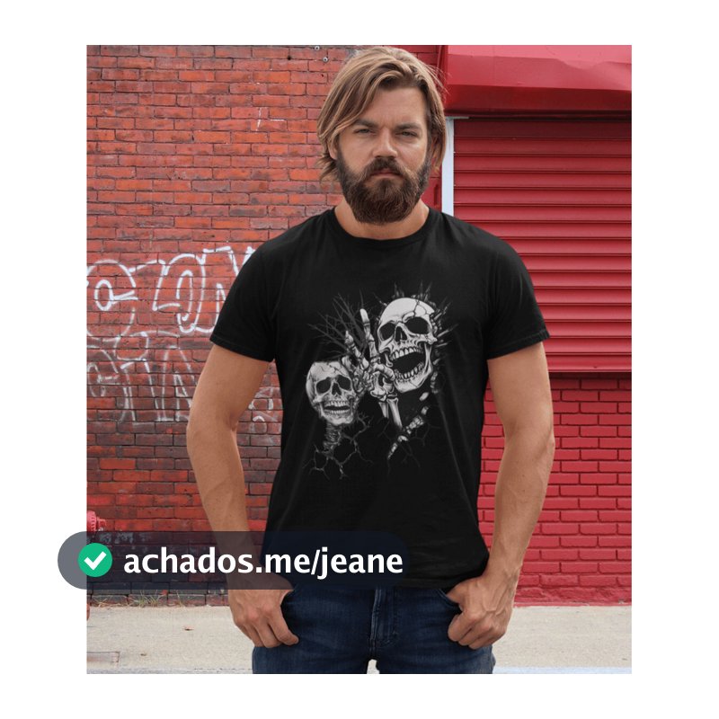 Camiseta de Roqueiro Masculina Preta - Blusa Skull Caveira 100% Algodão Blusa Vintage Caveira Rock