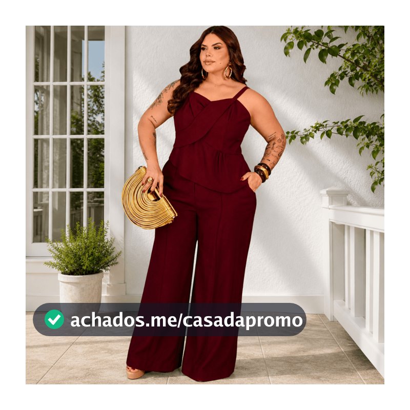Conjunto Feminino Calça Pantalona e Blusa Peplum em Tecido Marrante