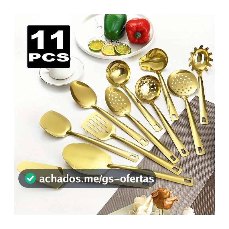 Kit 11 Peças Utensílios de Cozinha Dourado aço inoxidável Espátula Colher Concha Escumadeira Pegador de Pizza