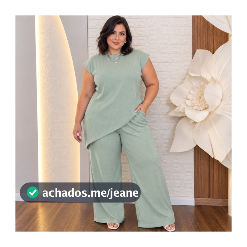 Conjunto Plus Size Anarruga Feminino Blusa Assimétrica e Calça Wide Leg Cós Elástico M G GG G1 G2 G3