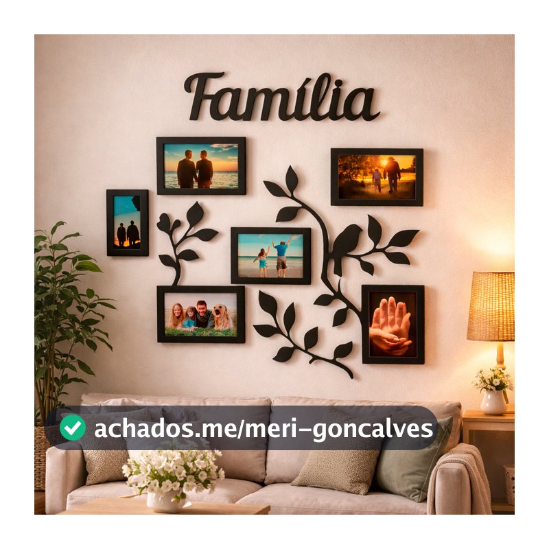 Painel Porta Retrato Parede MDF Familia 6 Fotos Decorativo Moldura Preta Galhos Enfeite Sala Quarto Grande Organizador