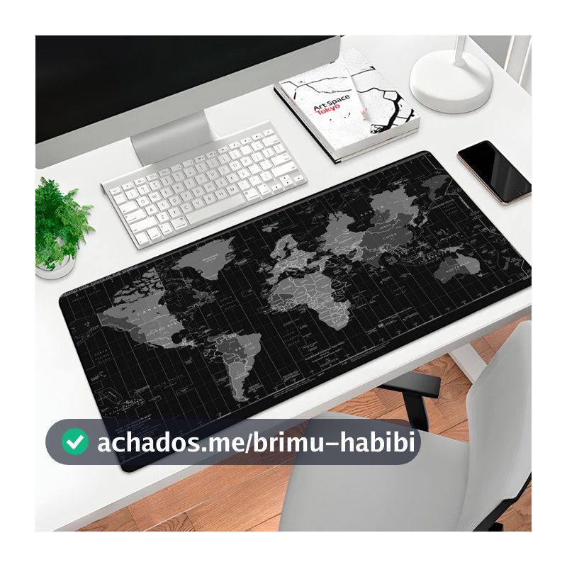 Mousepad Gamer P/ Desktop Estampa Mapa Mundi 70X35CM Preto