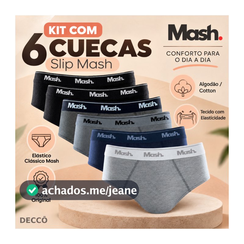Kit com 6 Cuecas Mash Slip Modelo Tradicional em Algodao Cotton Original Masculina