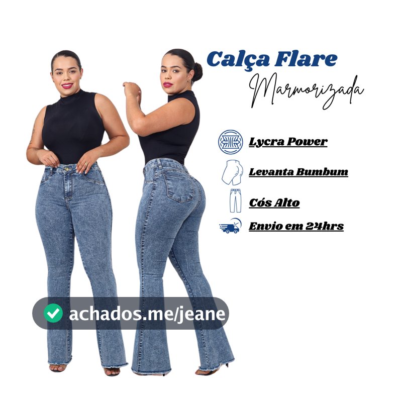 Calça Jeans Feminina Flare Marmorizada Cos Alto Modelagem Levanta Bumbum Com Lycra