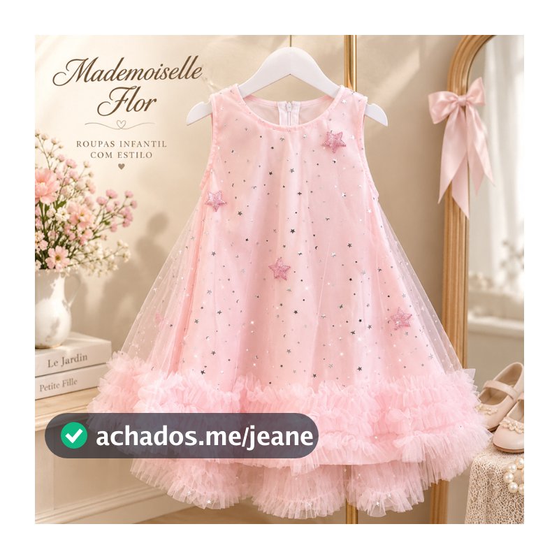 Vestido de Festa Infantil Menina Tule com Estrelas e Babados Princesa