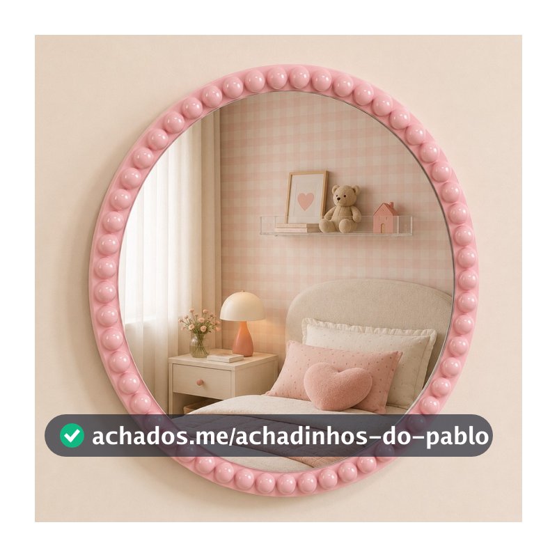 Espelho Redondo Moldura de Madeira Bolinha Rosa Infantil Decoração Quarto Menina 40cm