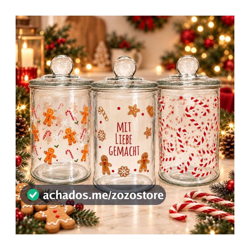 Pote de Vidro Hermético Com Tampa Decorativo de Natal - 630ml | Biscoito, Chocolates, Doces, Balas, Cookies, Castanhas