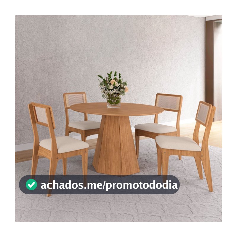 Conjunto Sala de Jantar Mesa Lisboa Hexagonal com 4 Cadeiras Palha Sintética 100% MDF