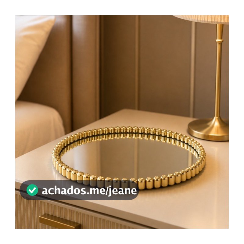 Bandeja Espelhada Dourada 22cm Redonda Decorativa Luxo para Perfumes Maquiagem Joias