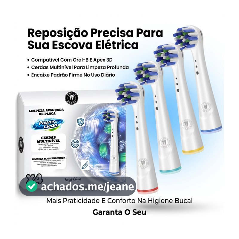Refil Escova Elétrica Compatível Oral B Braun e Apex 3D Eixo de Metal Não Trava Cerdas Médias Fangs Clean 4 Unidades
