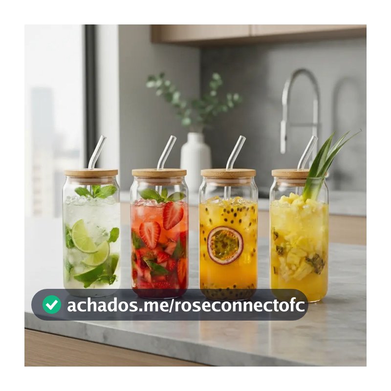 Kit Copos de Vidro com Tampa de Bambu e Canudo de Reutilizável Hermético Suco Café Transparente