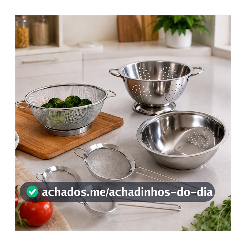 Kit 6 peças Escorredor De Arroz + Escorredor De Macarrão + Escorredor telado + 3 Peneiras Inox