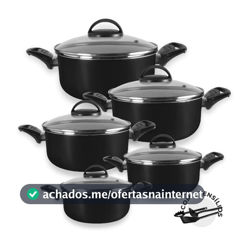 Jogo de Panelas Elegante Antiaderente Teflon 5 Peças Tampa Vidro + Utensílios