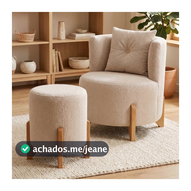 Poltrona Orgânica + Puff Luna Bouclé Luxo Confortável e Moderna com Almofada de Brinde e Pés em Madeira - Vimont Móveis