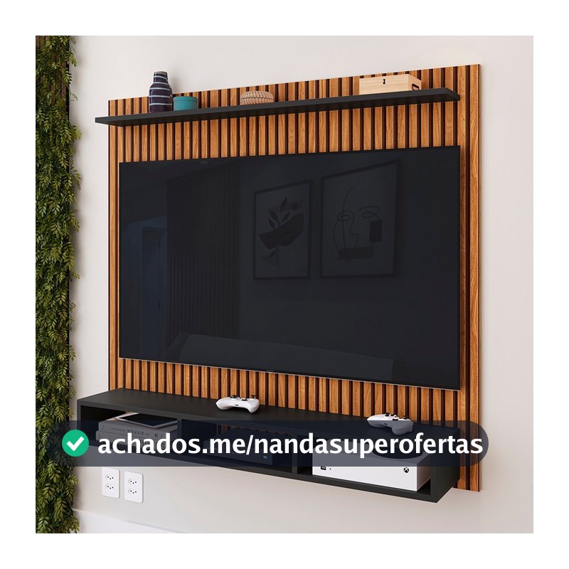 Painel para TV 50 Polegadas Ripado 3 Nichos e Prateleira Suspensa Home Rack Sala Quarto Moderno