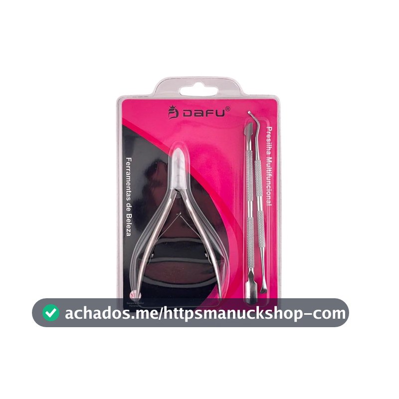 Alicate de Unha Profissional Dafu Aco Inox + Espatula Dupla Empurrador de Cuticula Kit Manicure