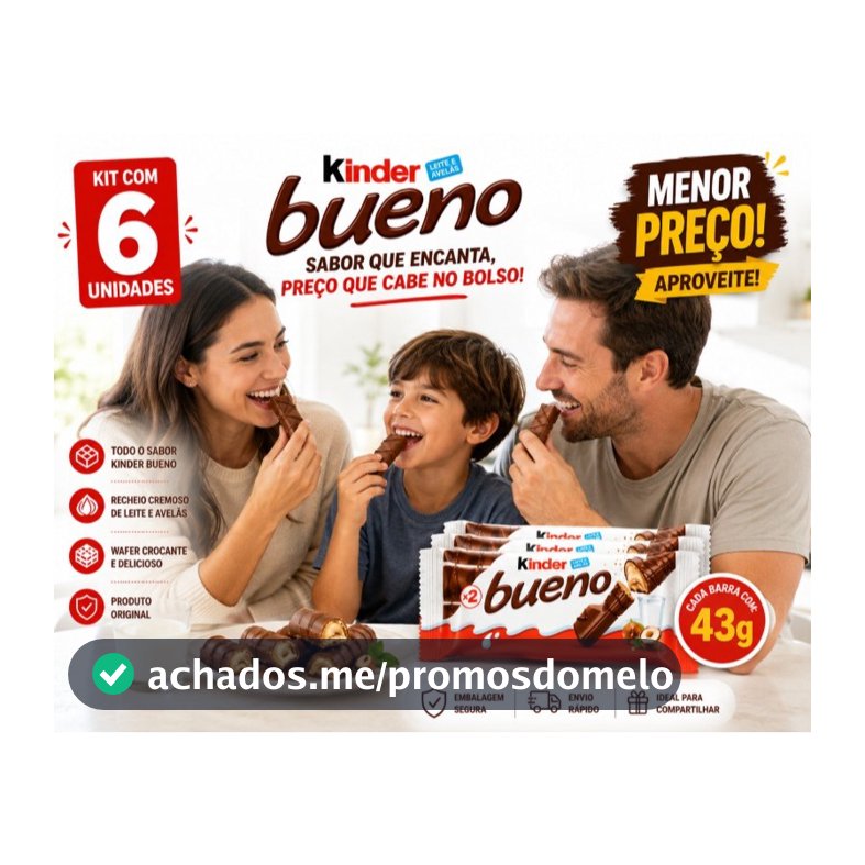 Kit 6 Kinder Bueno 43g Original Chocolate Leite e Avelã | Wafer Crocante | Menor Preço