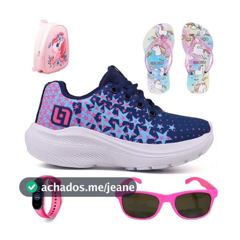 Kit Tênis Infantil Casual Meninas Escolar Basico Confortavel + Mochila + Chinelo + Oculos + Relogio
