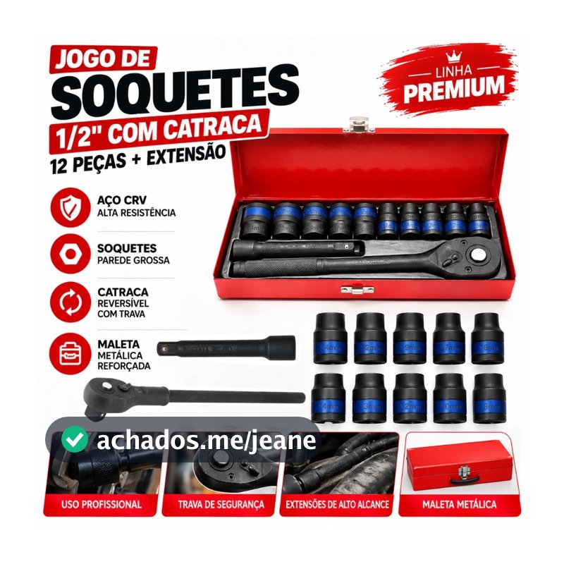 Kit Chave Catraca SOCKET SET 1/2" 12 Peças fosfatização Resistente a Corrosão Alto Torque para Reparo Automotivo