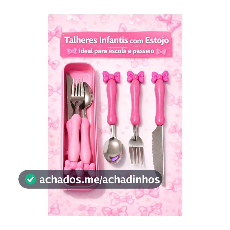 Kit Talher Rosa Divertido 3 peças Infantil Estojo Laço Menina Criança Aço Inox Garfo Faca Colher
