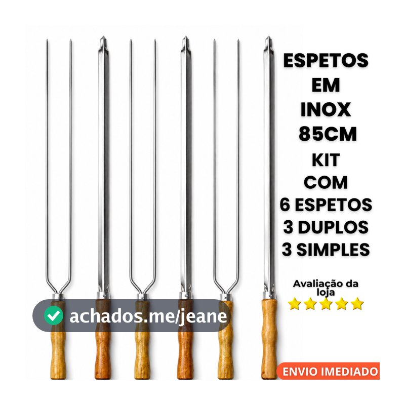 Kit 6 Espetos para Churrasco Premium Inox com Cabo de Madeira – Alta Resistência e Acabamento Profissional