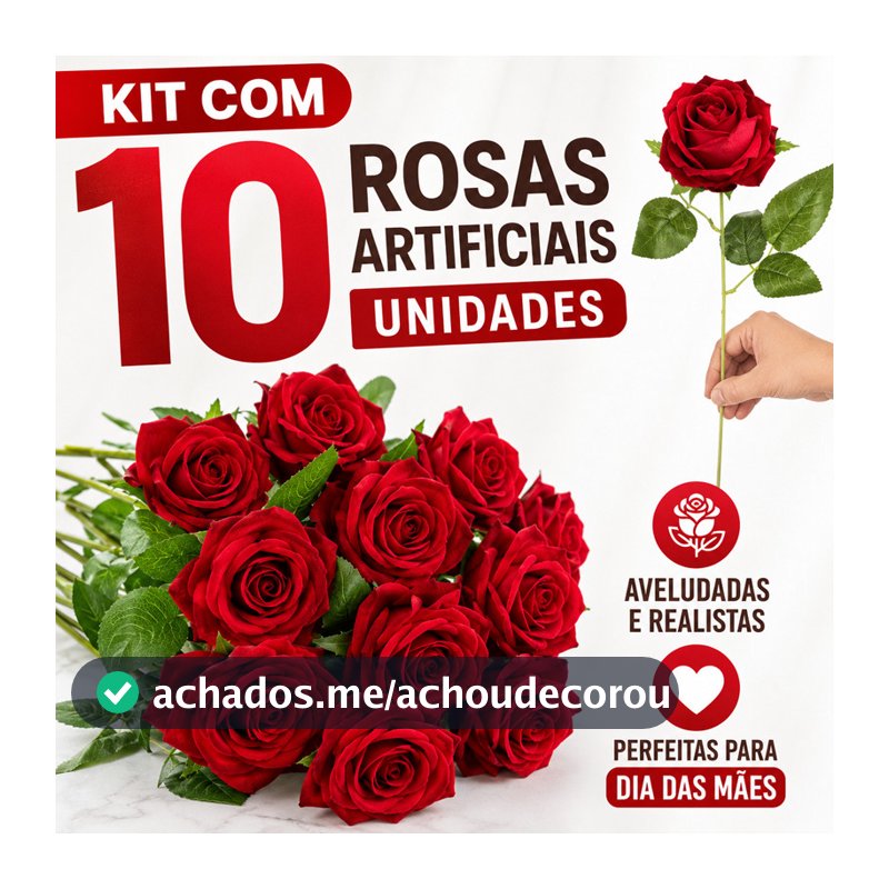 Kit 10 Rosas Artificiais Colombianas Vermelhas Aveludadas Individuais para Dia das Mães Decoração Arranjo Flor