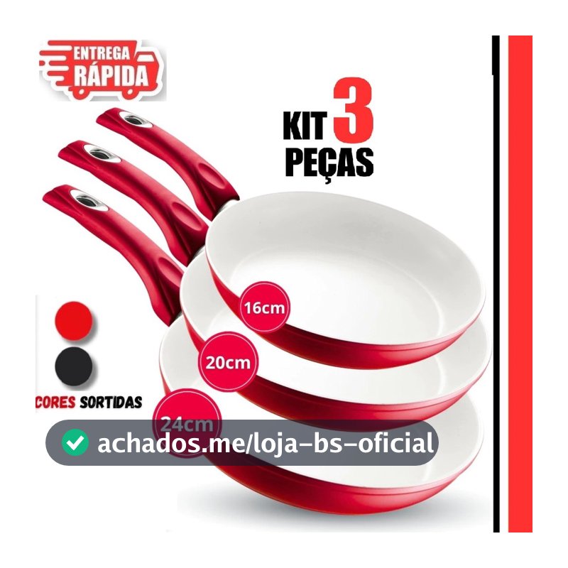 Kit 3/2/1 Frigideiras 16cm 20cm 24cm, em Cerâmica Antiaderentes  Cabo Ergonômico Revestimento Cerâmico PRETO OU VERMELHO