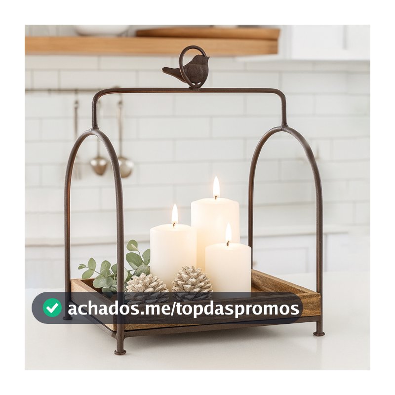 Suporte de Mesa Bandeja Decorativo Rústico Madeira e Ferro Pássaro Quadrado Organização e Farmhouse