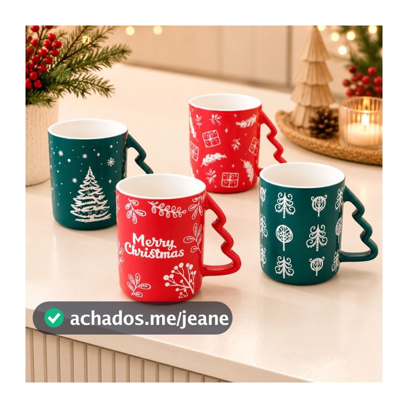 Caneca de Natal em Porcelana com Alça Árvore de Natal - Ideal para Chá, Chocolate Quente, Presente e Mesa Posta Natalina