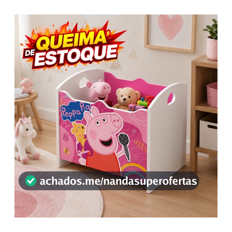 Baú Organizador Multiuso Infantil Peppa Pig Rosa MDF para Brinquedos e Quarto de Criança Ofertamo