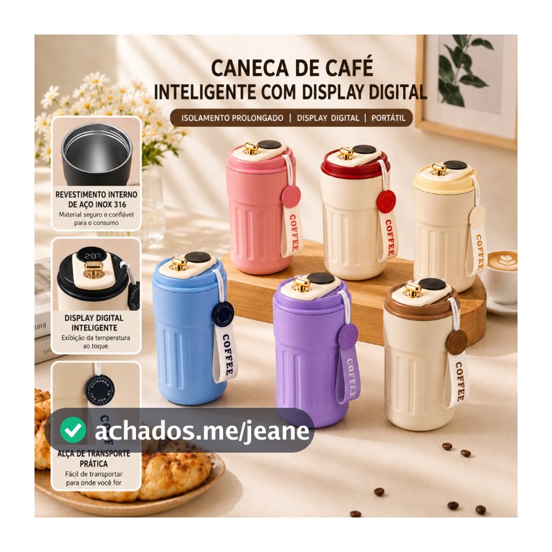 Copo Térmico Cafe Inox Portátil com tampa ,450ml Com LED Temperatura Antivazamento—
