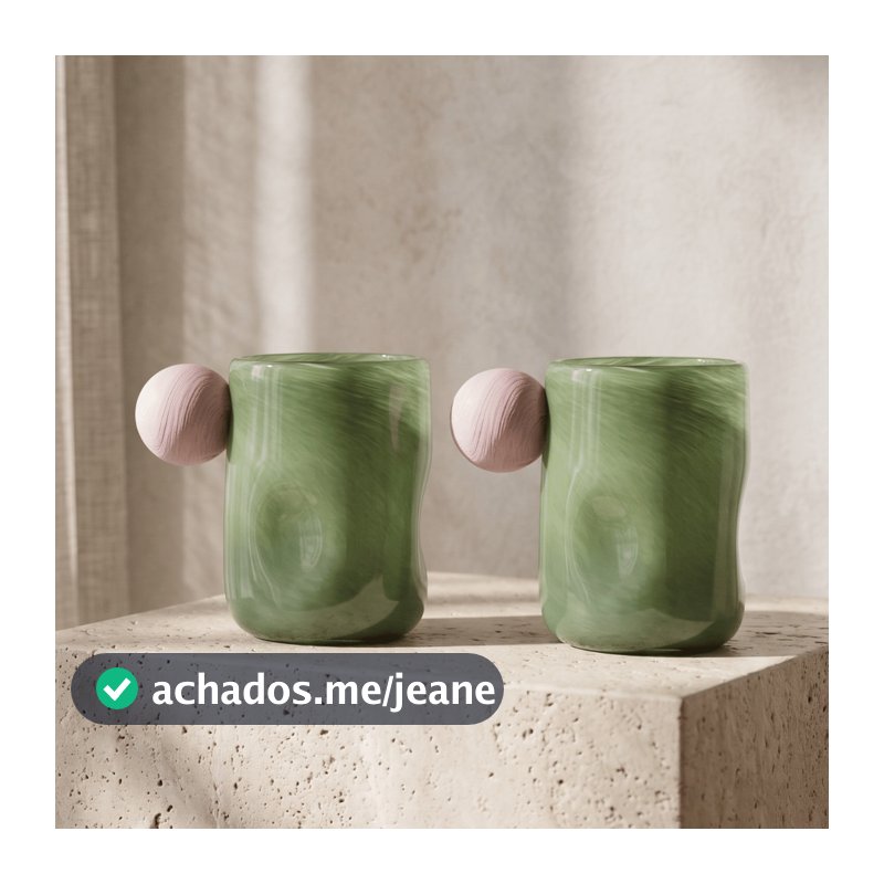 Jogo de 2 Copos de Vidro Drop Caneca de Vidro Orgânico Verde com Detalhe de Esfera Rosa 380ML