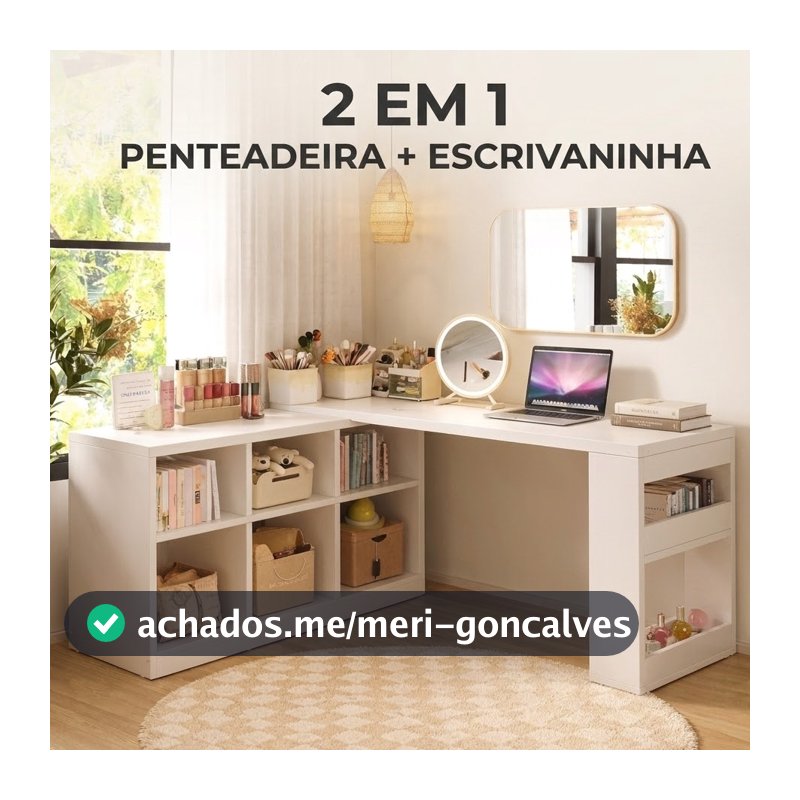 Penteadeira Escrivaninha 2 em 1 Mesa em L ou Reta Multifuncional Branca Yesop