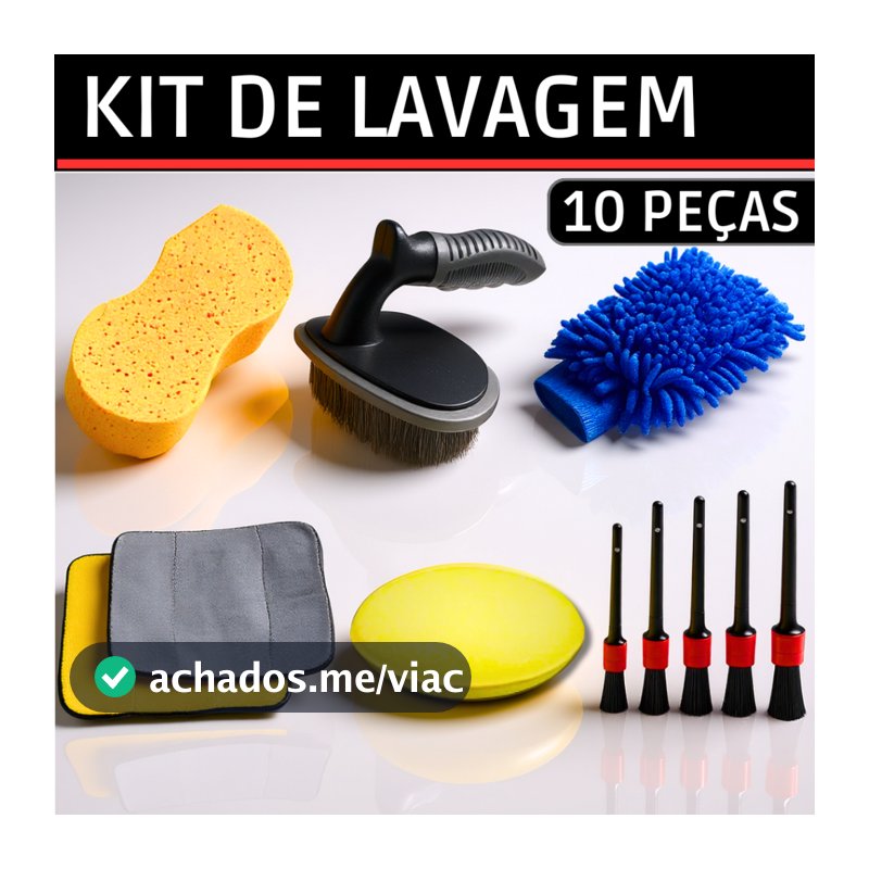 Kit 10 Peças Lavagem Automotiva Esponja + Escova + Flanela 30x40cm + Aplicador de Cera + Luva Microfibra + 05 Pincel