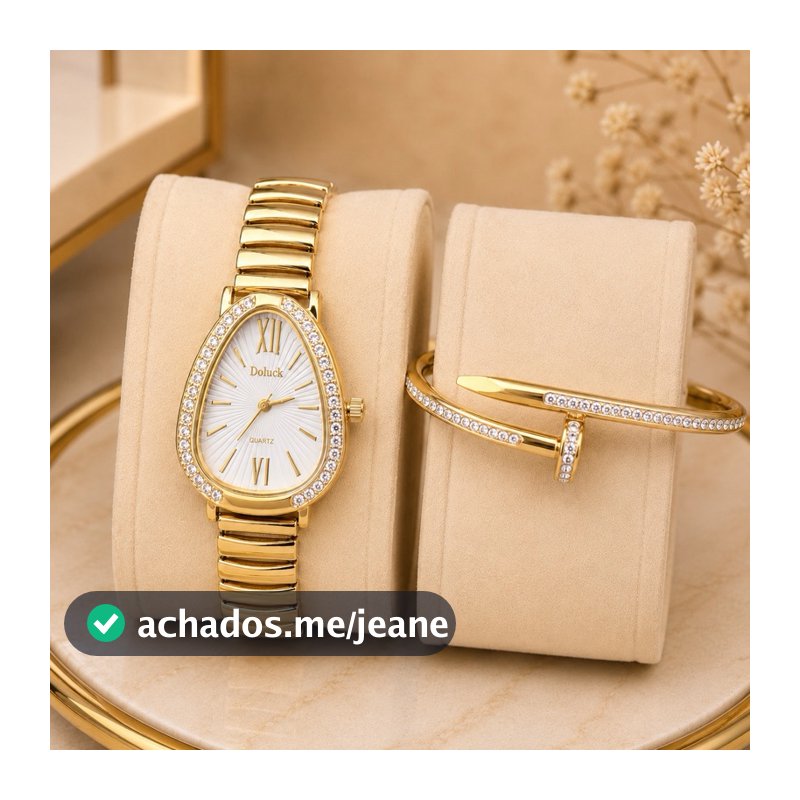 Kit Conjunto Relógio Feminino Gota Serpenti Dourado Ajustável Bracelete em Aço Inoxidável ou Pulseira Strass