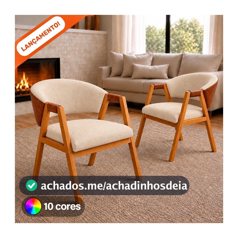 Kit 2 Poltronas Hellen Suellen Decorativa Para Sala Linho Courino Pés de Madeira Aninha Poltronas