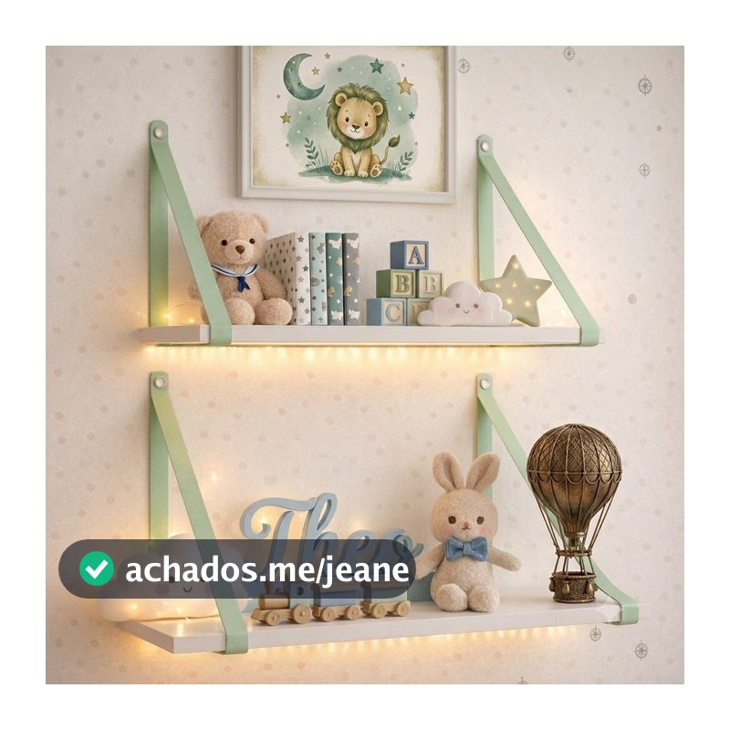 Prateleira 45x15 – Kit com 2 Unidades, Alça em Couro Ecológico Verde, Decorar, Organizar Quarto Bebê