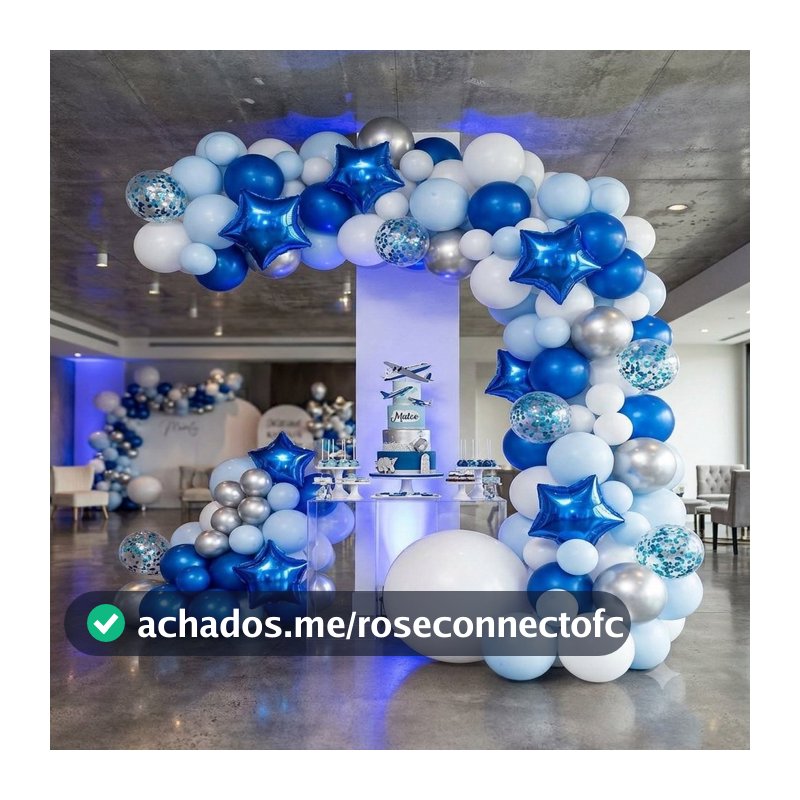Kit Arco de Balões Azul Branco Prata 103 Peças Decoração Festa Aniversário Menino Chá de Bebê Avião Masculino