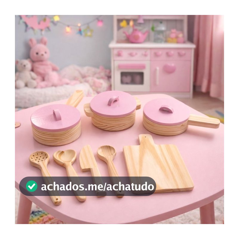 Kit Cozinha Infantil  Madeira  Completo Panelas Rosa Colheres e Tábua Brinquedo Educativo Montessori