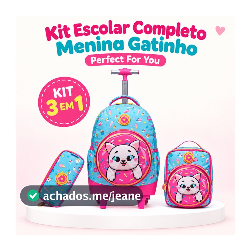 Kit Mochila de Rodinha Gatinho Feminina Infantil Estojo Escolar Lancheira Térmica