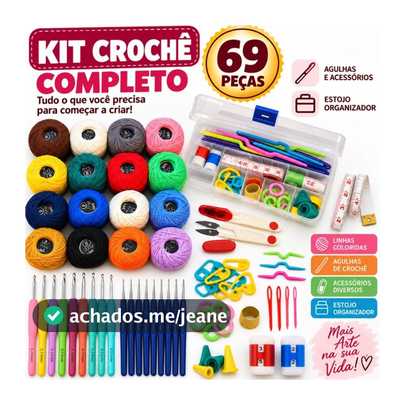 Kit Crochê Completo 53 Peças Para Fazer Amigurumi Agulhas Cabo Soft Tesoura Acessórios Lar das Fitas