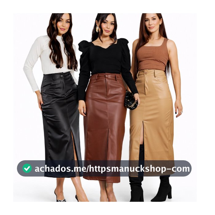 SAIA LONGA - MIDI- ELEGANTE SOCIAL- TECIDO COURO FAKE CON FENDA FRONTAL E BOLSOS