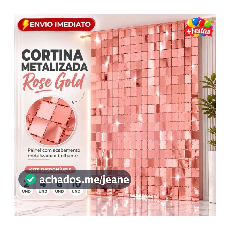 Kit 2/4/6/10 Cortinas Metalizada Quadrada Painel decoração Rose Gold Festa Eventos