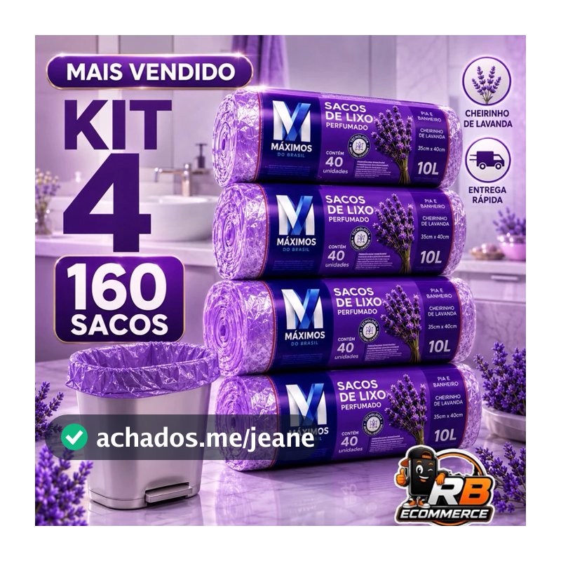 Saco de Lixo Perfumados Lavanda | KIT 4 ROLOS | 160 Sacos | Pia e Banheiro | 34x38cm | Neutraliza Odores