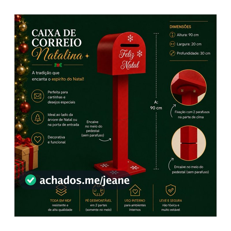 Caixa Postal Correio Feliz Natal Vermelha MDF Papai Noel Cartas Cartinha Natalina Decorativa Vitrine Enfeite