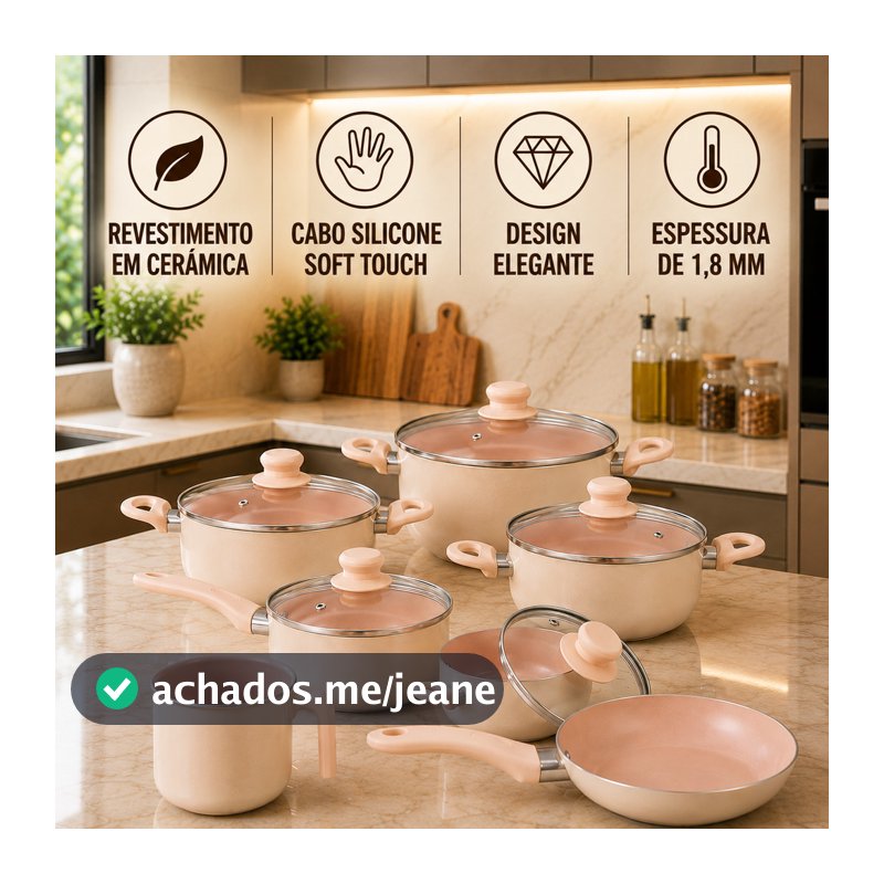 Kit Jogo de Panela 7 peças Antiaderente Tampa de Vidro Luxo Cor:Bege